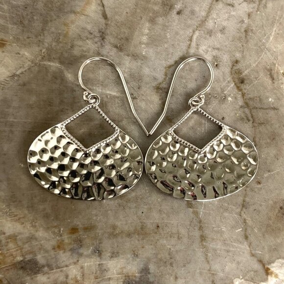 Sterling Silver 925 Teardrop Disc Hammered Dangle Drop Earrings - Picture 6 of 16